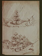 DISEGNO BOZZETTO DRAWING 1800 CHINA SU CARTA PAESAGGI MONTANI