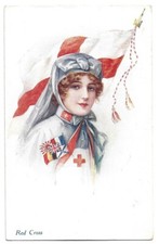 Antica Cartolina ILLUSTRATA - DONNA CROCE ROSSA, CON BANDIERA