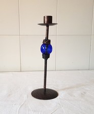 Portacandela Vintage artistico in metallo con inserto vetro blu