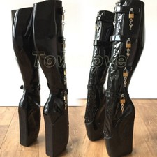 Stivali donna pelle verniciata chiudibili al ginocchio zip zeppa ballerina tacco scarpe