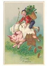 1911 bambino maiale portafortuna cartolina Buon Anno Bonne Année -Difetto