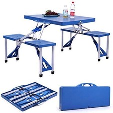 Set Tavolo Tavolino Pieghevole Pic Nic Campeggio Alluminio Con 4 Sgabelli Blu