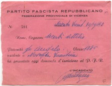 RSI, PFR FEDERAZIONE VICENZA, ISCRIZIONE TIZIO DI NOVENTA VICENTINA, OTT 1943