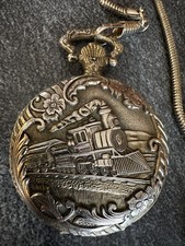 Orologio da Tasca Collezio Quarzo Treno Locomotiva Motore a Vapore Argento Nuovo Batt B