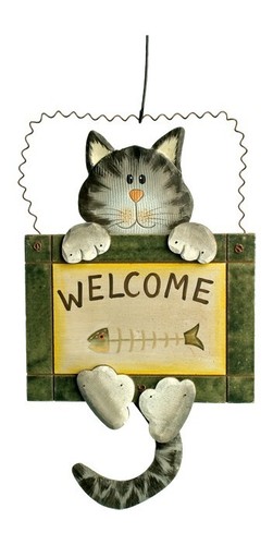 Gatto legno con cartello - in,