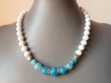 ??COLLANA DONNA PIETRE DURE + ORECCHINI AGATA BIANCA E PIETRE AZZURRE. PARURE