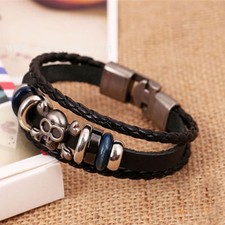 Bracciale Braccialetto UOMO Ecopelle con TESCHIO SKULL in METALLO