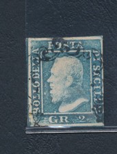1859 SICILIA, n. 6 - 2 grana blu, I lavagna, ritocco n. 82 azzurro USATO