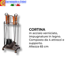 SET CAMINO CORTINA Acciaio Impugnatura Legno  accessori per caminetto H65 4 Pz