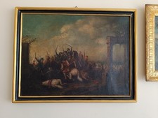 ANTICO QUADRO DIPINTO OLIO TELA SCENA Battaglia EPOCA '800