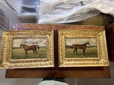 Coppia Dipinti Olio Su Tela Cavalli In Paesaggio Con Cornici Dorate
