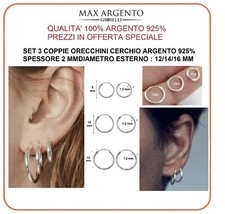 Orecchini Cerchio Argento 925 Set 3 Paia Canna 1.2 Diametro:8/10/12 mm