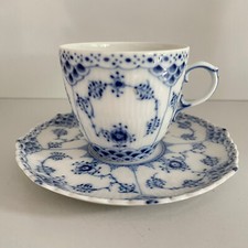 TAZZA CAFFÈ e PIATTINO ROYAL COPENHAGEN blu scanalato pizzo intero #1035 NUOVO