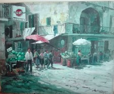  DIPINTO AD OLIO SU TAVOLA   "MERCATO NAPOLETANO"( XX SECOLO)