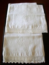 Coppia ANTICHI "1910" ASCIUGAMANI LINO - 110 x 68 cm -bordo uncinetto successivo
