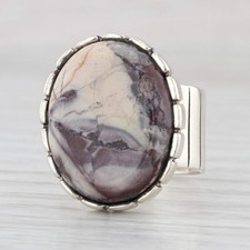 Anello In Giada Marbled In Argento Sterlina Misura 6.5 Oval Cabochon Statement