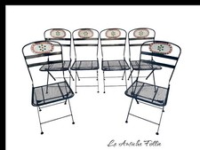 Set di 6 Sedie Pieghevoli in Ferro Battuto con Schienale Decorato a Mosaico