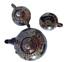 Redware Goccia Smalto Teiera Crema Zuccheriera 3 Piedi Manico Filo Marrone Vintage 