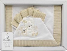 PASTELLO - COMPLETO LENZUOLA CARROZZINA NEONATO RICAMATO COTONE STELLA PANNA
