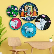 Pichwai Wall Art Plates Set di 5 piatti decorativi artigianali in metallo per...