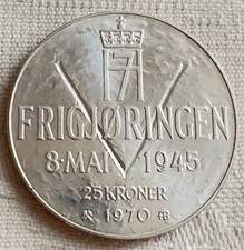 MONETA NORVEGIA 25 KRONER 1970