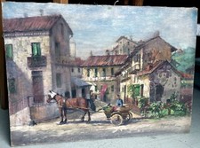 QUADRO DIPINTO OLIO TELA Goffredo Guidi paesaggio Arona Borgo lago Maggiore case