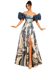 Abito da sera formale Smilprince taglia XS US 2 EU 34 linea A bianco stampa blu