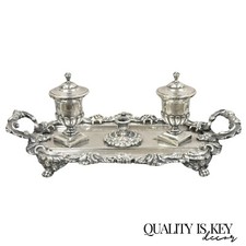 Calamaio da scrivania vintage francese rinascimentale placcato argento figura italiano