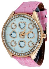 Nuovo GUESS OROLOGIO DA DONNA Rosa Coccodrillo Pelle con Oro Tono Cuori +