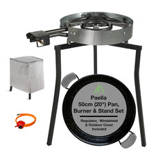Set padelle per paella. Kit completo 14 porzioni (50 cm, 20") bruciatore a gas e supporto treppiede.