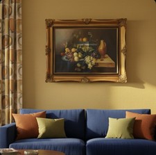 quadro grande dipinto olio su tela natura morta frutta con cornice stile antico