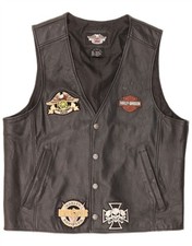 HARLEY DAVIDSON Gilet Uomo Grafico Pelle UK 42 XL Nero Pelle Biker CX09