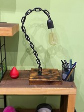 Abat jour Lampada da tavolo base legno e catena E27 artigianale Handmade Italy