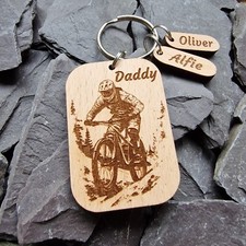 PERSONALISED HANDMADE MTB WOODEN KEYRING - MOUNTAIN BIKE ACCESSORY DADDY DAD MTB