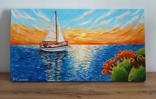 Quadro Dipinto mano, Mare, Tramonto, Barca a Vela