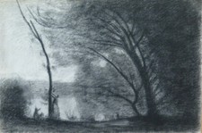 47x32 DISEGNO ANTICO PAESAGGIO CAMPAGNA CARBONCINO Pierre Duteurtre DUT BM53.1