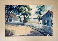 Vintage Beach Country Cottage Bungalow Coastal Ocean watercolor painting framed