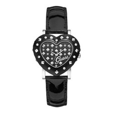 Nuovo GUESS Argento Nero Tono, Vernice Pelle Fascia Studiò Cuore WATCH-W0115L1