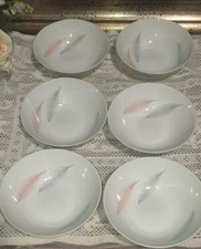 VINTAGE THOMAS GERMANY SEI COPPETTE  FINE PORCELLANA DIAM 12H 4 Piume Colorate 