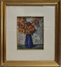 Dipinto Guglielmo Bezzo Olio su Tela Bouquet Fiori Vaso Blu Cornice Arte '900