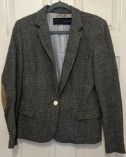 Blazer ZARA 100% lana Shetland grigio misto tweed a quadri hacking toppe gomiti taglia M