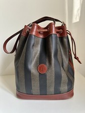 FENDI Pequin Bucket Bag Mon Tresor Leather crossbody Striped Brown Vintage 80s
