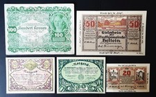 AUSTRIA NOTGELD N. 4 NUOVI  DA 20/30/50 HELLER + 1 BANCONOTA DA 100 K USATA 1922