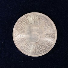 5 marchi tedeschi BRD 1966 G aquila d'argento STGL - errore di conio: senza scritta sul bordo