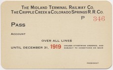 1919 Colorado RAILROAD Pass ? MIDLAND TERMINAL Ferrovia/CRIPPLE CREEK & CSRR