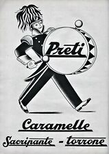 PUBBLICITA' 1952 PRETI GENOVA CARAMELLE SACRIPANTE TORRONE TAMBURINO LOGO 
