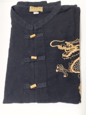 Vintage Camicia uomo nera maniche corte orientale collo coreana drago XXL nuova