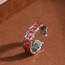 L05 Anello Buddhistisch Con Mantra Su Rosso Base Sutra Argento 925 Regolabile