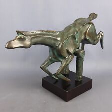 Scultura Ottone Cavallo Salta Ostacoli Stilizzato Design Base Legno Vintage 1980