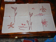Centro o tovaglietta misto lino decori mare orlo a giorno cm. 65x42  B10 (6) °